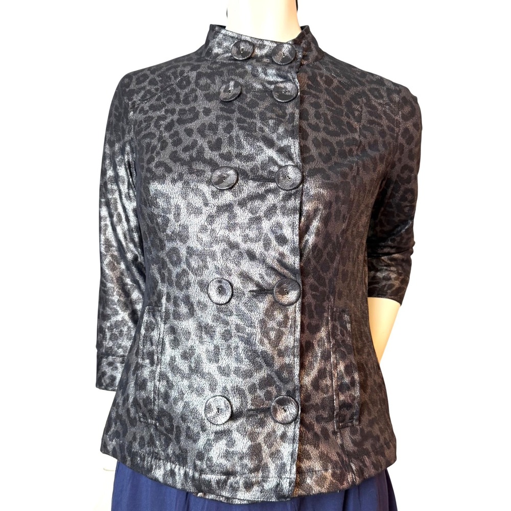 Kerry Brooke Leopard Print Jacket Metallic Black Mock Neck Double Breasted S